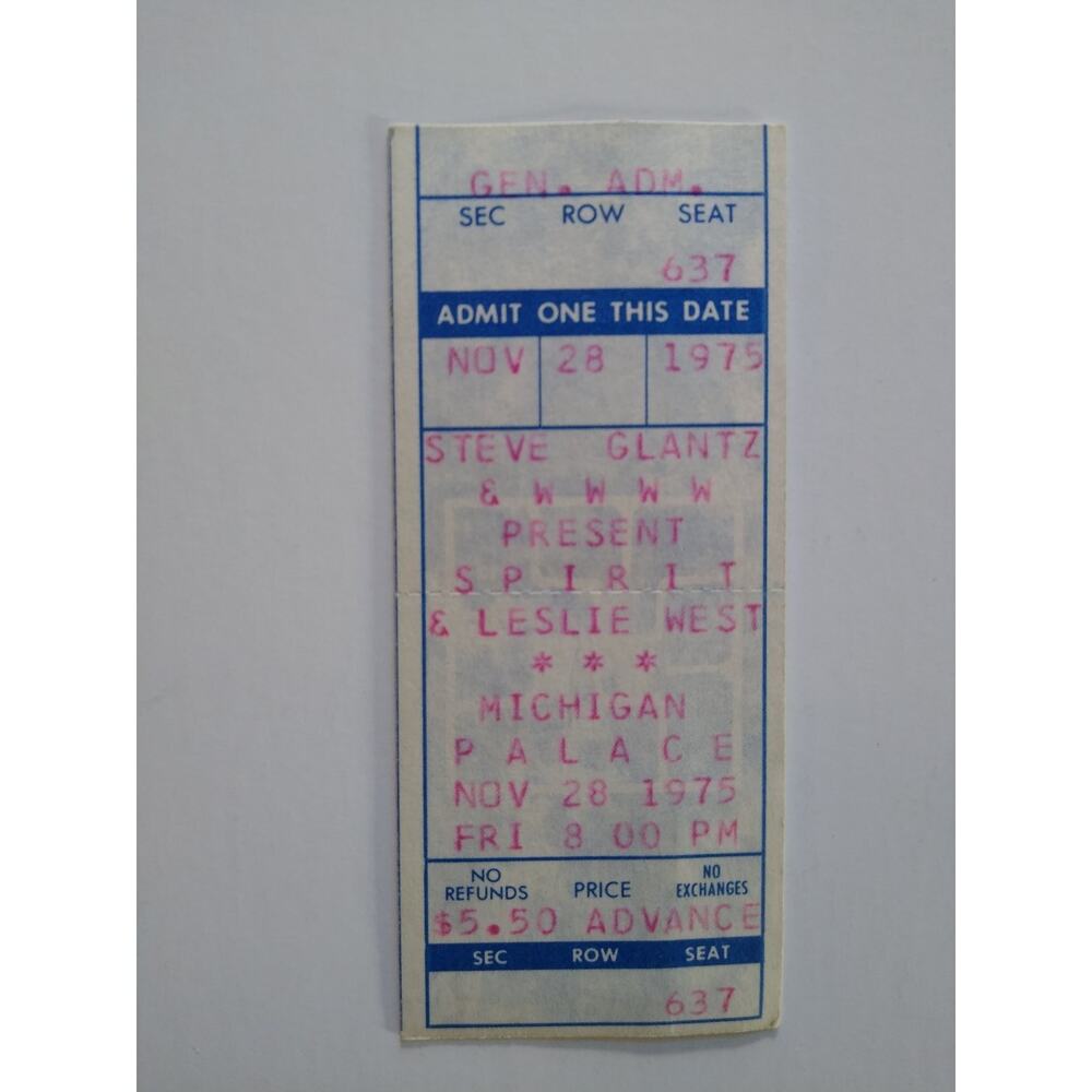 Vintage 1975 Spirit & Leslie West Concert Ticket Michigan Palace Nov 28